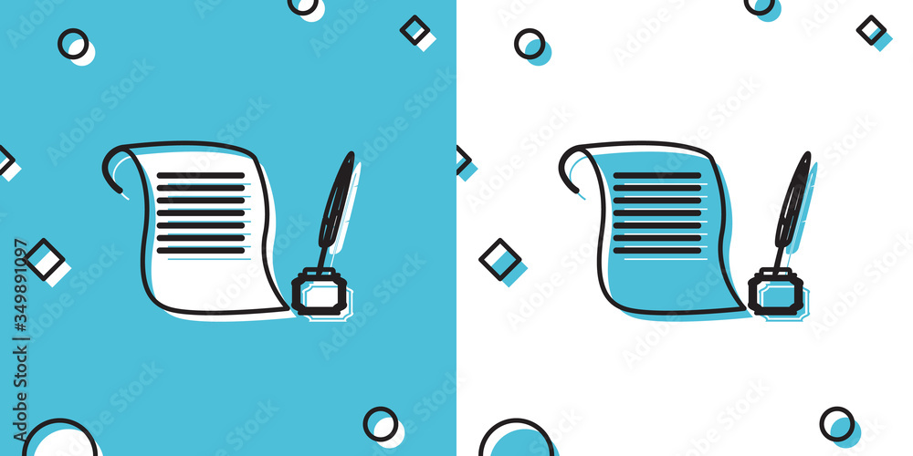 Poster black feather in the inkwell and paper scroll icon isolated on blue and white background. random dyn