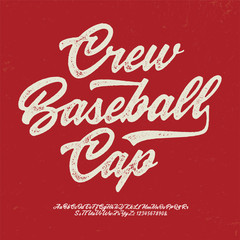 "Crew Baseball Cap" Original Brush Script Font. Retro Typeface. Vector Illustration.