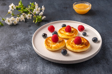 Traditional russian cheesecake with raspberries, blueberries and honey on a white ceramic plate on a dark background. Next to it is a blooming branch of an apple tree