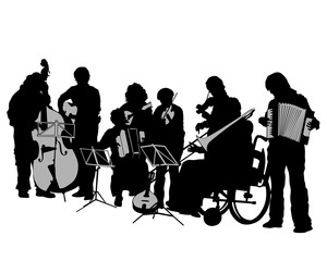 Musician with a trombone in a wheelchair. Isolated silhouette on a white background