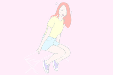 Pretty girl sitting on chair and smiling hand drawing vector.
