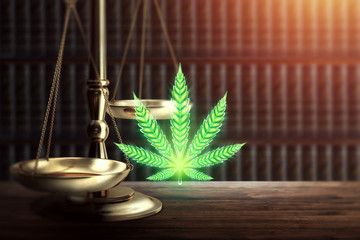 Judge's gavel, cannabis leaf marijuana, a consumer symbol of cannabis and court. The concept of the...