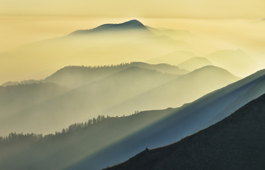 silhouettes of mountains. foggy autumn morning. Morning Carpathians