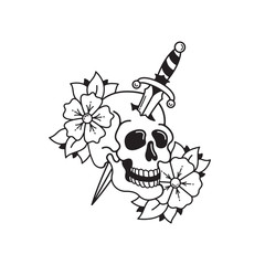 Old school tattoo emblem label with flower dagger and skull symbols. Traditional tattooing style ink.
