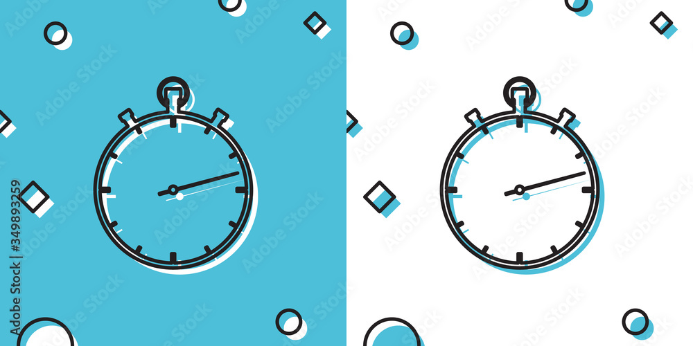 Poster black stopwatch icon isolated on blue and white background. time timer sign. random dynamic shapes. 