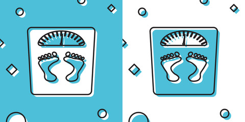 Black Bathroom scales with footprints icon isolated on blue and white background. Weight measure Equipment. Weight Scale fitness sport concept. Random dynamic shapes. Vector Illustration