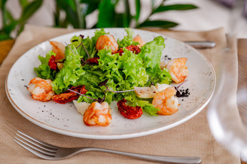 light healthy salad of fresh vegetables and shrimp. Photo in the interior