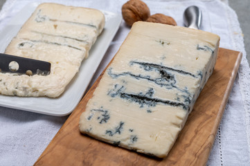 Italian food, buttery or firm blue cheese made from cow milk in Gorgonzola, Milan, Italy