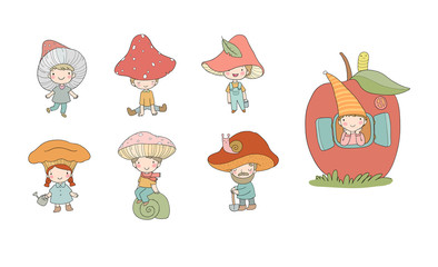 Cute cartoon gnomes mushrooms. Forest elves. Little fairies