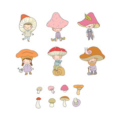 Cute cartoon gnomes mushrooms. Forest elves. Little fairies