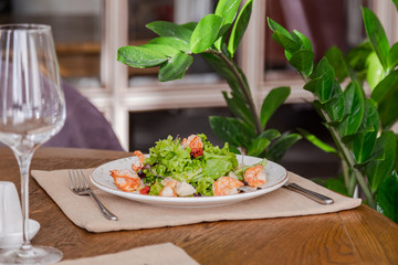 light healthy salad of fresh vegetables and shrimp. Photo in the interior