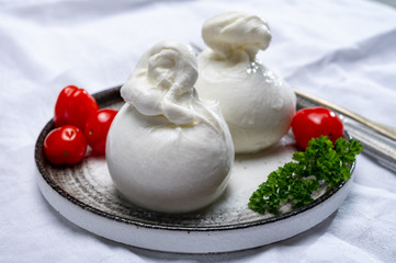 Cheese collection, fresh soft white burrata cheese ball made from mozzarella and cream from Apulia, Italy