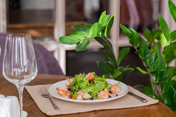 light healthy salad of fresh vegetables and shrimp. Photo in the interior