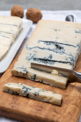 Italian food, buttery or firm blue cheese made from cow milk in Gorgonzola, Milan, Italy