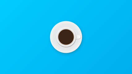 Coffee cup on blue background. Flat lay, top view, copy space. Vector illustration