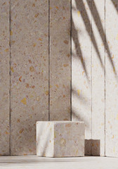 Cosmetic background for product presentation. Beige stone podium and beige stone stripe background. 3d rendering illustration.