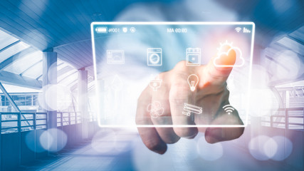 Assistant Smart home automation futuristic interface. Man's finger touch  on virtual screen.
