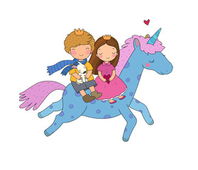 Prince and princess are flying on a unicorn. Cute cartoon kids and fairy pony.