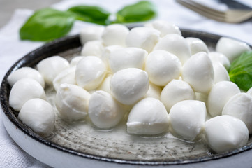 Italian food, fresh fresh green basil and white mini mozzarella soft balls cheese
