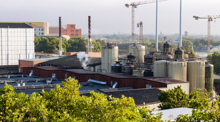 Newlands, Cape Town, South Africa. Dec 2019.  Overview of a brewery in production, tanks and steam