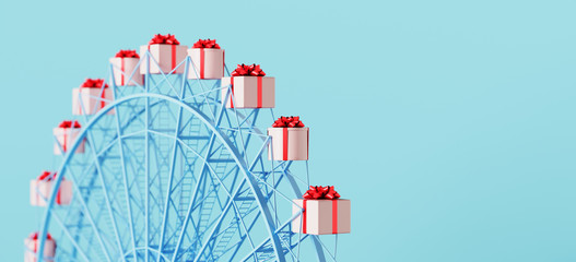 Merry Christmas and happy new year web banner. Gifts for special and happiness holiday concept. Pink gifts box with red bow ribbon on ferris wheel. 3d rendering illustration.
