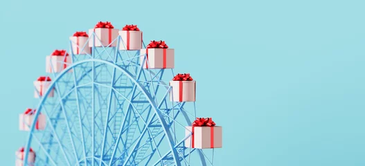 Deurstickers Merry Christmas and happy new year web banner. Gifts for special and happiness holiday concept. Pink gifts box with red bow ribbon on ferris wheel. 3d rendering illustration. © 3DJustincase