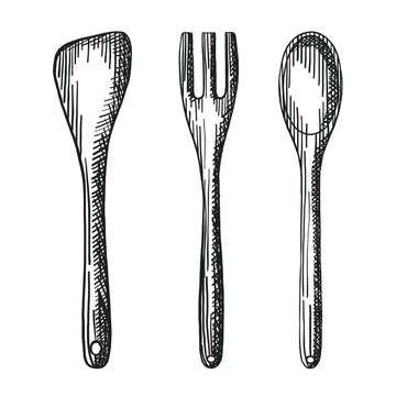 Vector hand drawn rustic wooden kitchenware set of fork, spoon and spatula digital design elements for your logo, advertisement, menu, cafe, banner or flyers.
