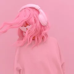 Vanilla Pink Dj Girl. Monochrome Party style. Stylish headphones, music lover concept © Porechenskaya