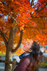 Asian woman and red maple  in autumn of Nikko, Japan