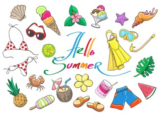 Tropical beach vacation sketch elements