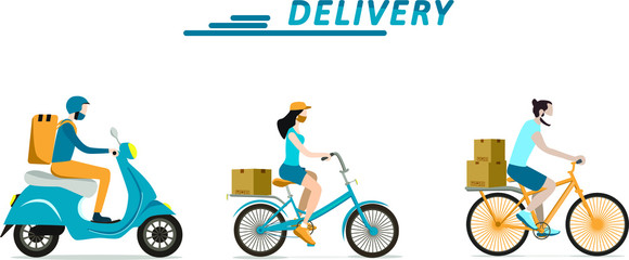 food delivery, goods delivery bike, express delivery, moped, transport company, food delivery concept, man and woman, stock vector illustration isolated on white background, text place