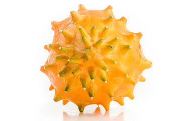 Kiwano or Horned Melon Cucumis metuliferus detailed skin shoot on white background isolated