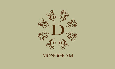 Exquisite floral monogram with the letter D for postcards, invitations, menus, labels. Graphic design of a page, business sign, boutique, cafe, hotel. 