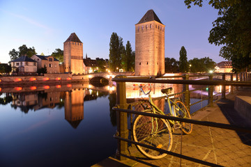 Ponts Couverts in Strasbourg, France. Strasbourg cityscape at night.