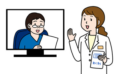 オンライン診療で処方箋を出す薬剤師と医者