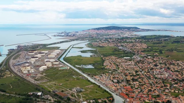 Aerial shot of Frontignan and Sète, cities of the south of france