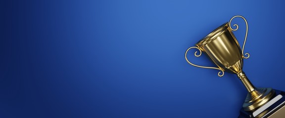 Golden trophy award on blue background. Gold winners trophy with copy space for text. 3d rendering.
