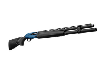 Modern black semi-automatic shotgun with blue accents isolate on a white back. Weapons for sport...