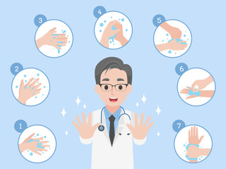 Hand washing step by step info graphic Doctor Character Medical Health care concept wash, rinse dry hands icons for prevent coronavirus on light blue background.
