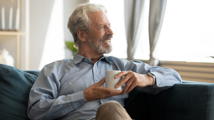 Happy elderly mature grey haired man resting on comfortable sofa with cup of hot tea, enjoying...