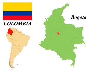 Republic of Colombia. The Capital Is Santa Fe De Bogota. Flag of Colombia. Map of the continent of South America with country borders. Vector graphics.