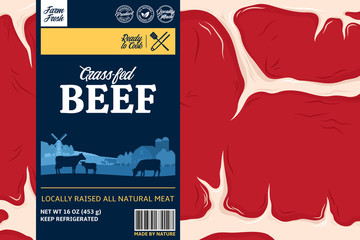 Vector beef label design with rural landscape, cows, calves and farm. Meat beefsteak background