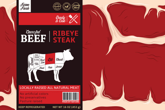 Vector beef label design. Bull icon. Meat beefsteak background. American (US) cuts of beef diagram