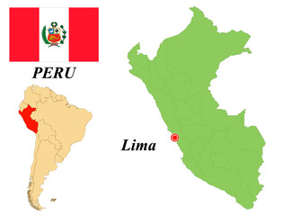 Republic of Peru. The Capital Is Lima. Flag Of Peru. Map of the continent of South America with country borders. Vector graphics.