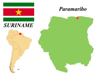 Republic of Suriname. The Capital Of Paramaribo. Flag Of Suriname. Map of the continent of South America with country borders. Vector graphics.