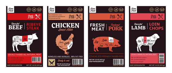 Vector butchery modern style labels. American (US) cuts of beef, chicken, pork and lamb diagrams