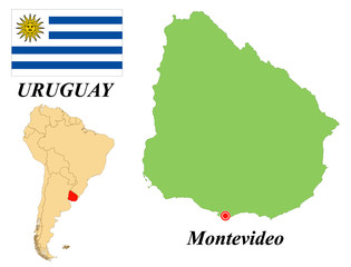 Eastern Republic Of Uruguay. Capital Of Montevideo. Flag Of Uruguay. Map of the continent of South America with country borders. Vector graphics.