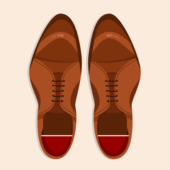 Men shoes top-down view. Classic brown laced men shoes isolated illustration. Hand-drawn vector clip art for web and print. Trendy flat-lay style illustration of a men shoe pair. 
