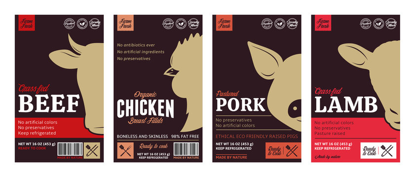 Vector butchery labels with farm animal faces. Cow, chicken, pig and sheep icons