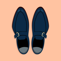 Men's shoes top-down view. Classic blue men shoes isolated illustration. Hand-drawn vector clip art for web and print. Trendy flat-lay style illustration of a men shoe pair. 